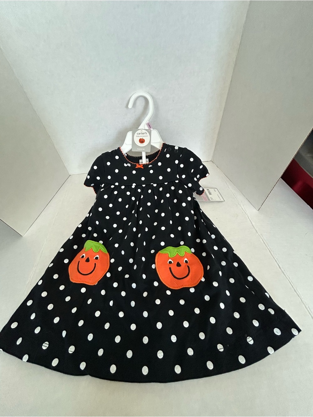 Carter's Black Polka Dot Halloween Pumpkin Dress with Orange Appliqués Sz 9M NW